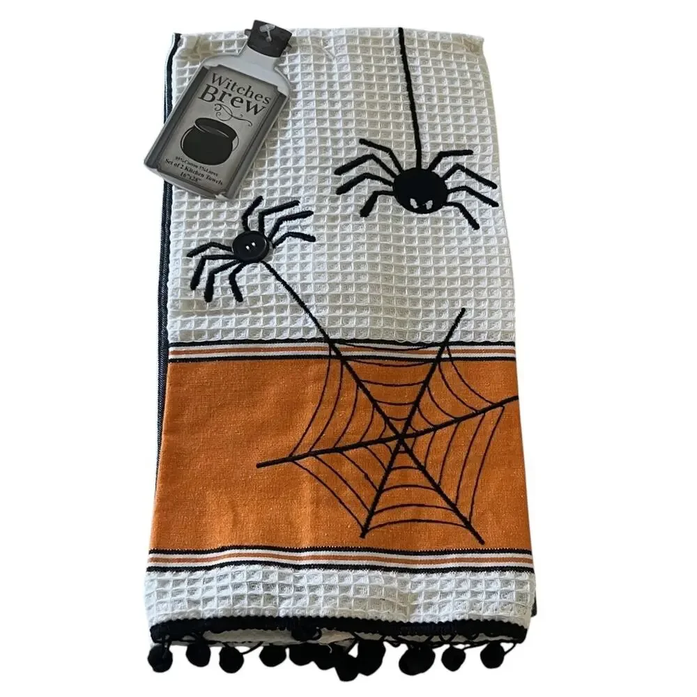 Witches Brew Halloween Kitchen Towels Set of 2 Cotton Blend 16x28 Spiders Stripe